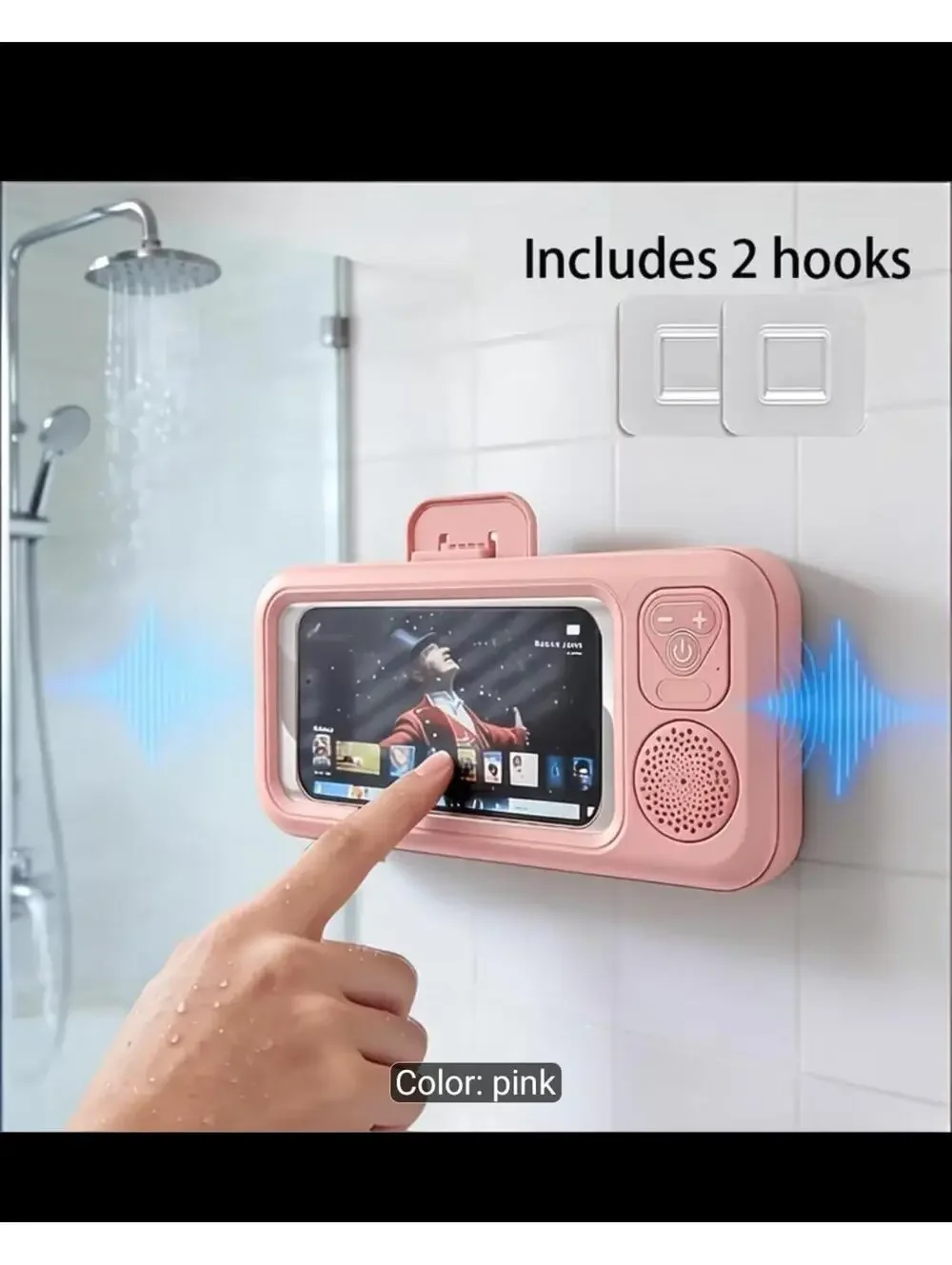 Black Shower Phone Holder with Wireless Bluetooth Speaker